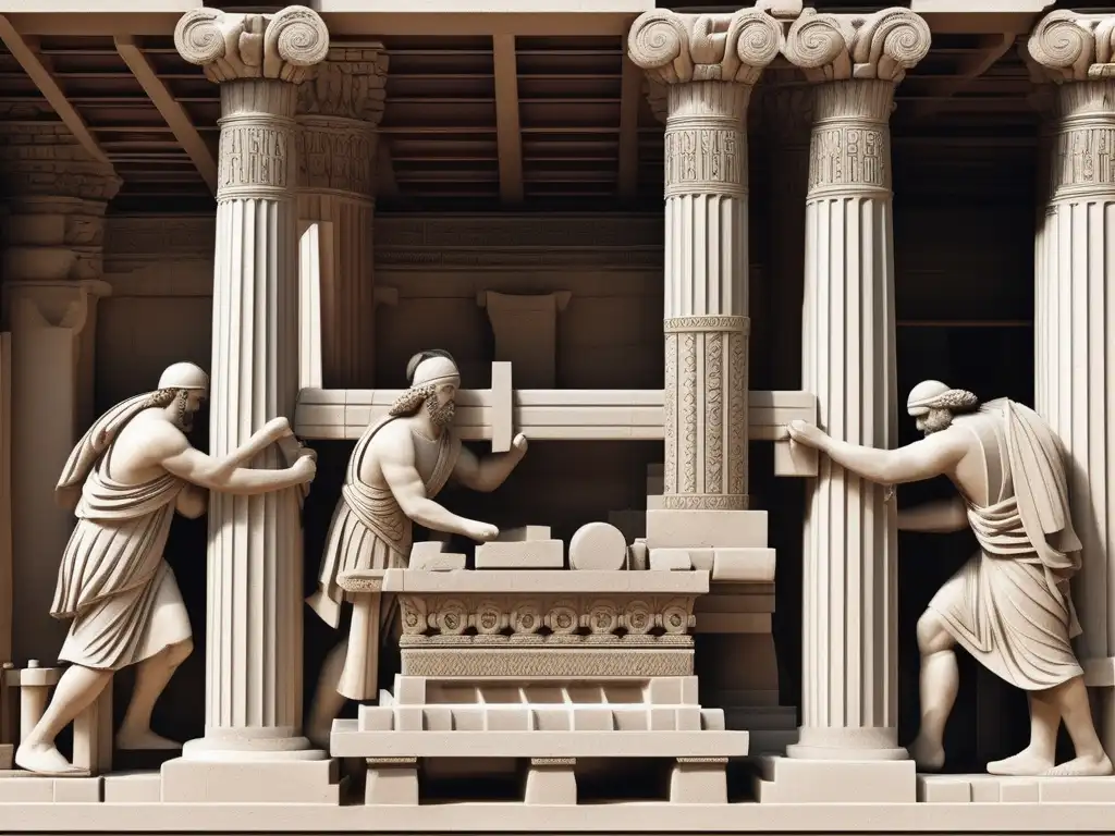 Uso de palancas en construcción griega: artesanos griegos moviendo y posicionando bloques de piedra con precisión y fuerza en un paisaje impresionante