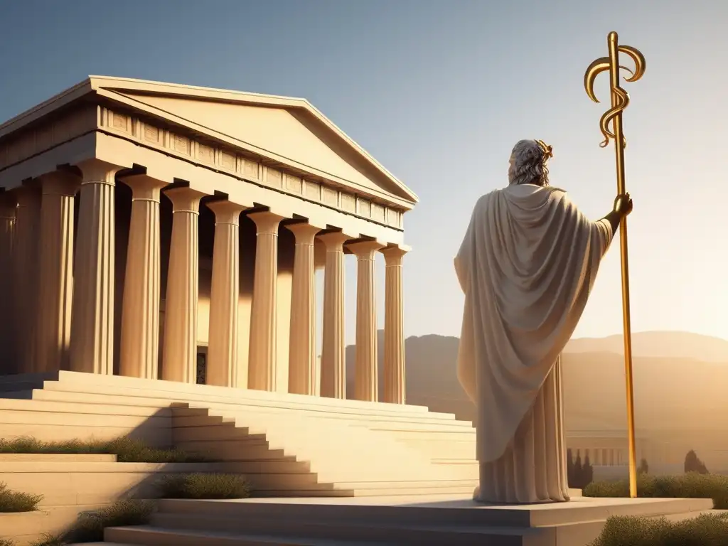 Imagen realista de Asclepius, dios de la medicina, en un templo griego con tonos suaves de azul y dorado