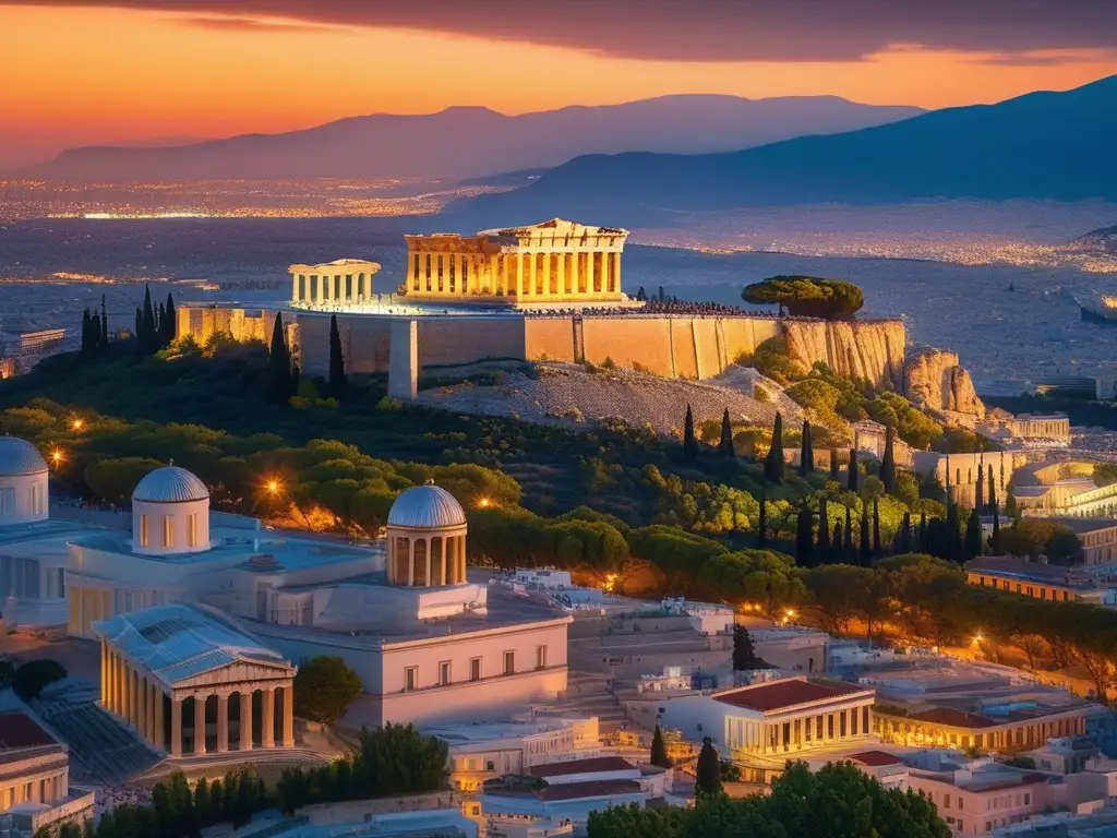 Vista impresionante de la antigua ciudad de Atenas, Grecia, durante la hora dorada