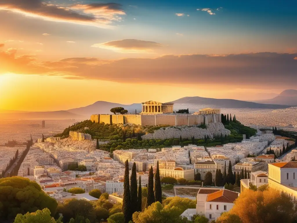 Influencia de estrategos en la Antigua Grecia: Panorama dorado de Atenas con la majestuosidad de la Acrópolis y la vitalidad de la Agora