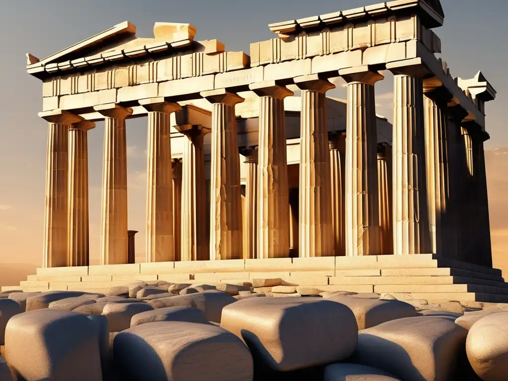 Fotorealismo del Partenón en la Acrópolis de Atenas, con luz dorada del atardecer