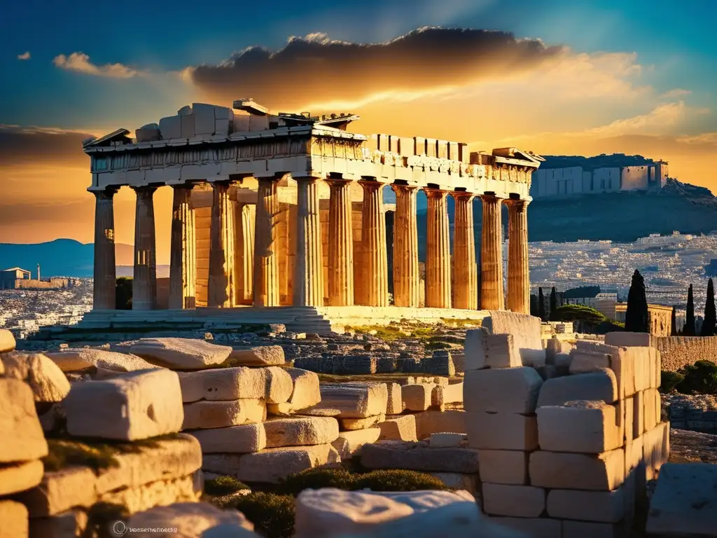 Atardecer dorado sobre ruinas de la Acrópolis en Atenas, Grecia