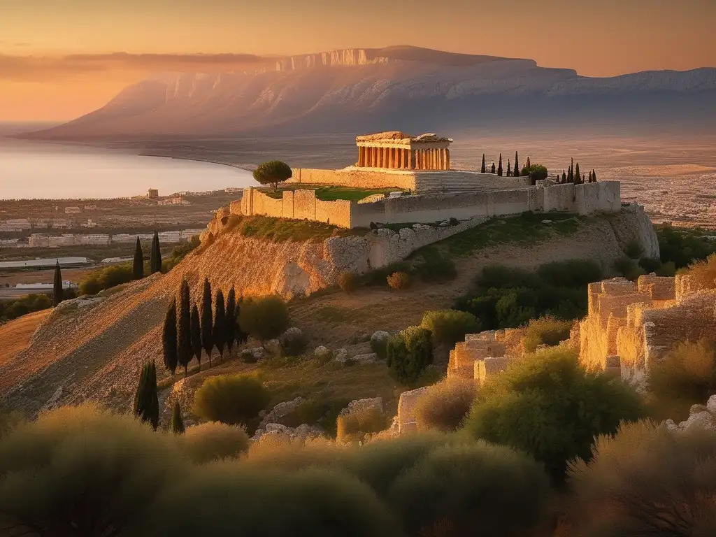 Fotografía impresionante de la antigua ciudad de Corinto al atardecer