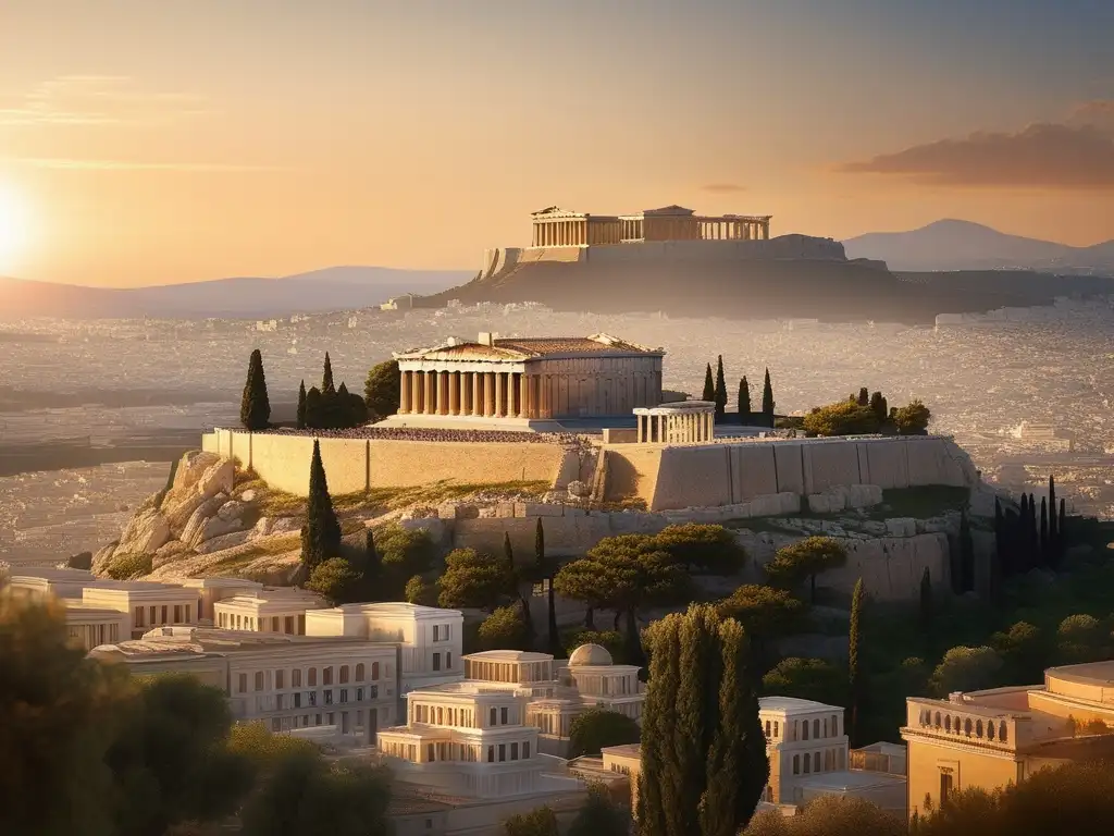 Atardecer dorado sobre Atenas antigua Influencia Guerras Médicas en cultura griega: Atenas antigua con Acropolis, Parthenon y Temple of Hephaestus