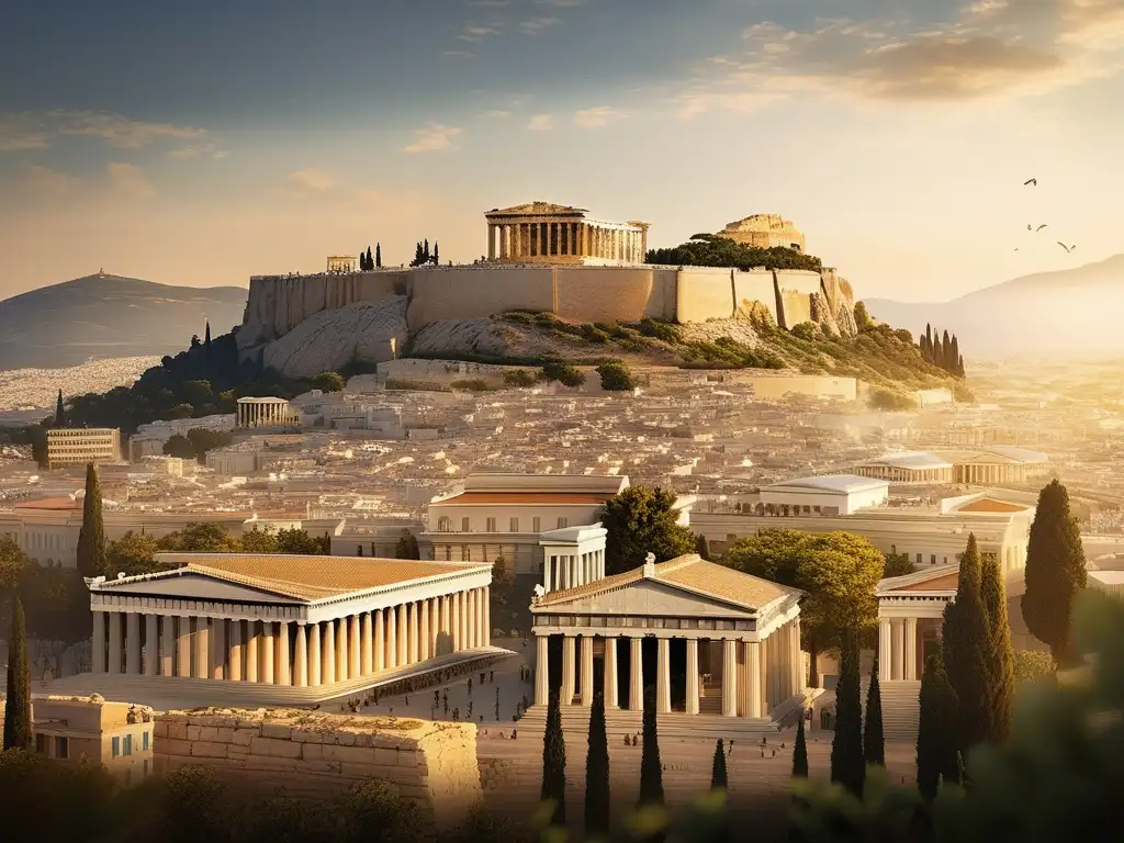 Vista impresionante de la antigua ciudad de Atenas, con el Acropolis y los dioses venerados en Atenas antigua