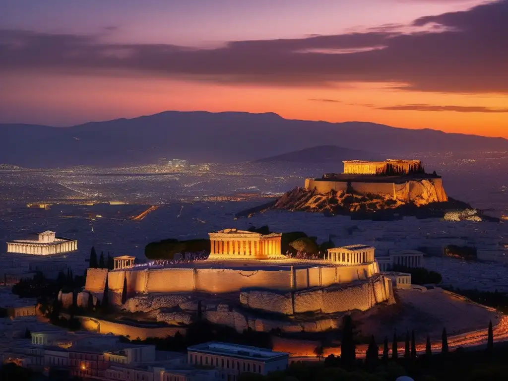 Paisaje urbano de Atenas con la majestuosa Acrópolis y el histórico Partenón al atardecer