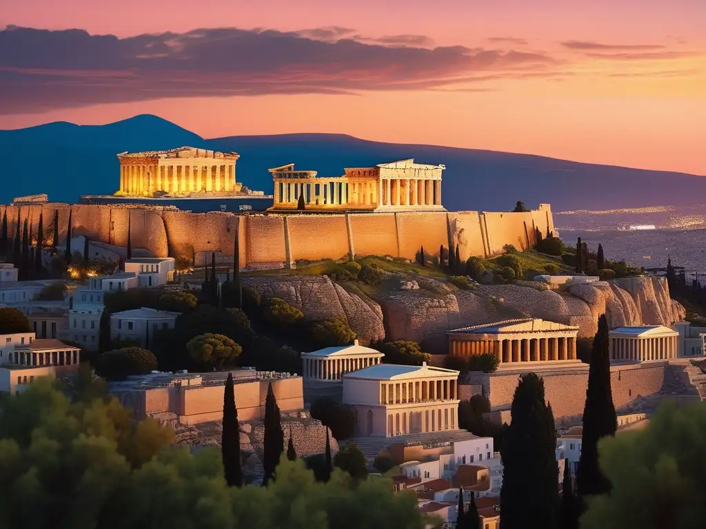 Vista cautivadora de la antigua ciudad griega de Atenas al anochecer, con la majestuosa Acrópolis coronando la colina