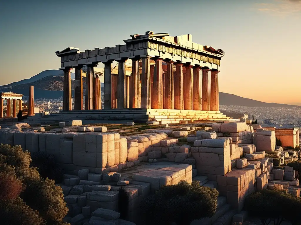 Vista impresionante de Atenas al atardecer con el Partenón, calles animadas y ceremonia religiosa en Grecia antigua