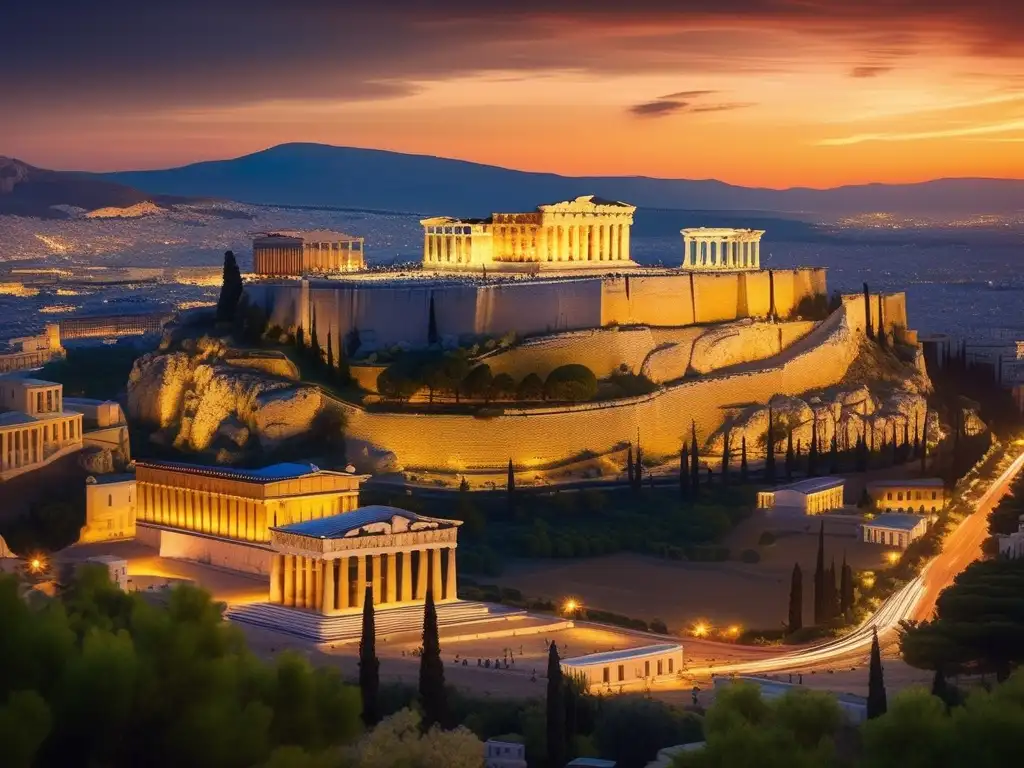 Influencia Antigua Grecia en civilización occidental, atardecer en Atenas con el majestuoso Acropolis y paisaje minimalista