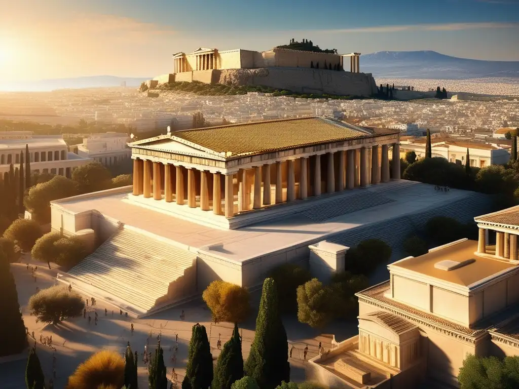 Panorama de Atenas antigua con Acropolis, Parthenon y mercado, reflejo de historia y cultura griega