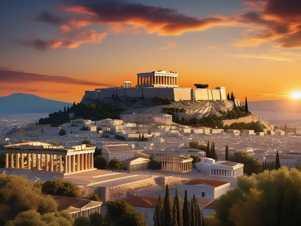 Impresionante vista de Atenas al atardecer con el Parthenon y la influencia de la Guerra del Peloponeso en Grecia