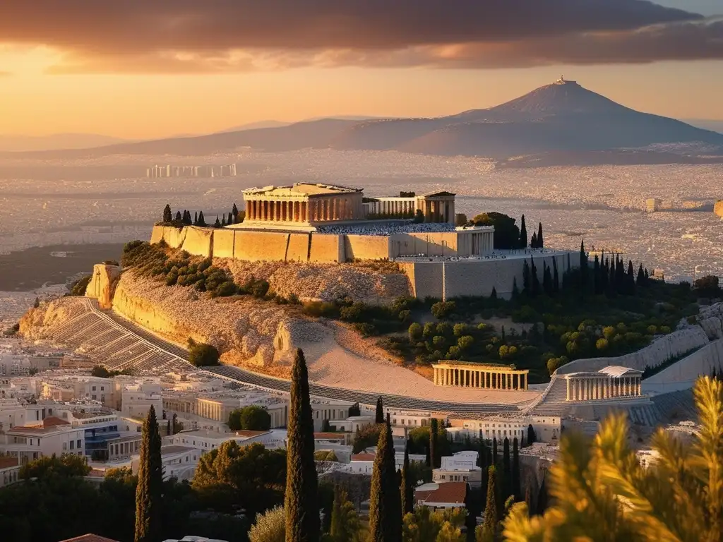 Vista impresionante de Atenas en la hora dorada: Acropolis, Parthenon, estadio Panathenaic, juegos olímpicos antiguos