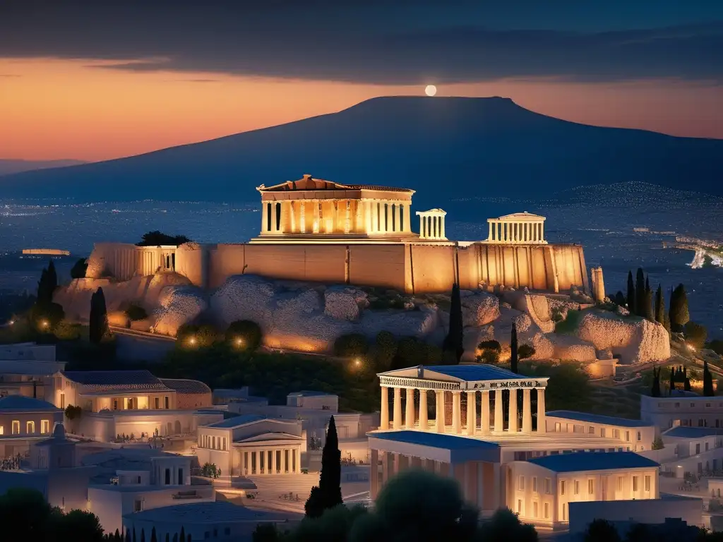 Ciudad de Atenas al atardecer, con el Partenón iluminado