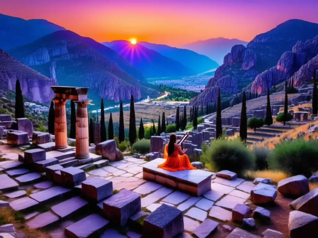 Celebraciones musicales en cultos a Apolo - Atardecer impresionante en Delphi, ciudad antigua de culto a Apolo