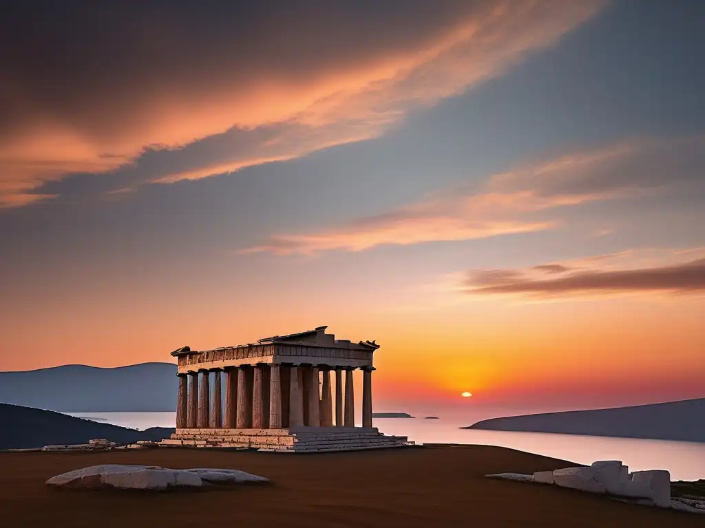 Filósofos presocráticos: indagadores realidad en paisaje griego al atardecer