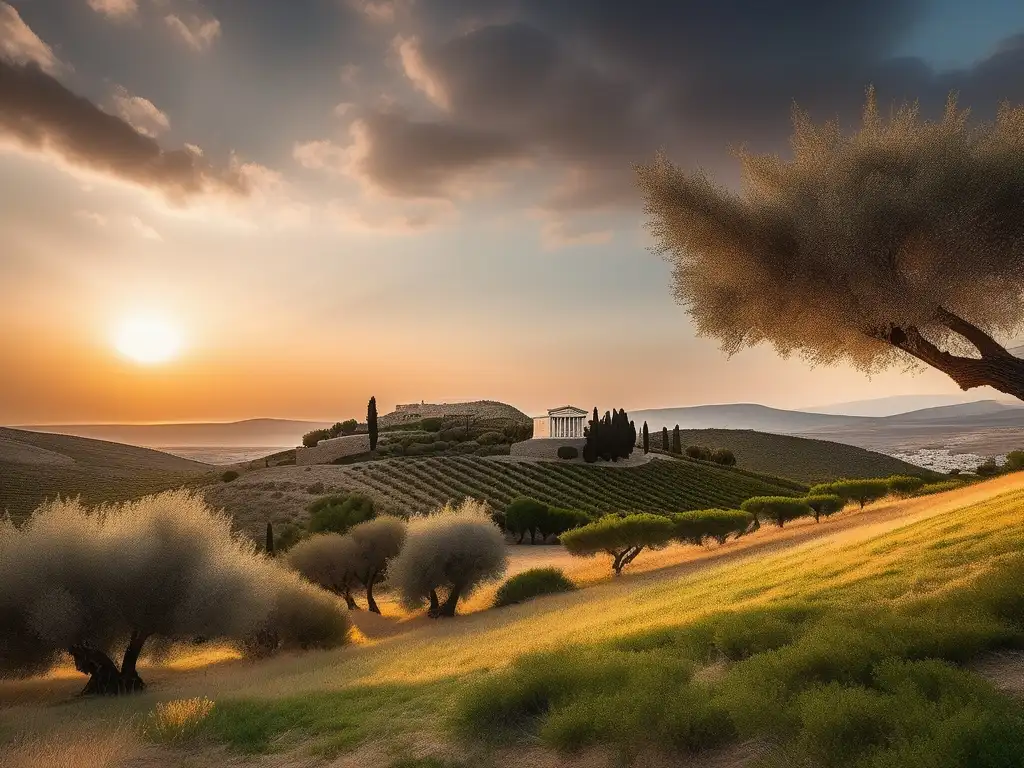 Influencia belleza natural en antigua Grecia: imagen 8k con paisaje griego sereno al atardecer, olivos, ruinas y armonía