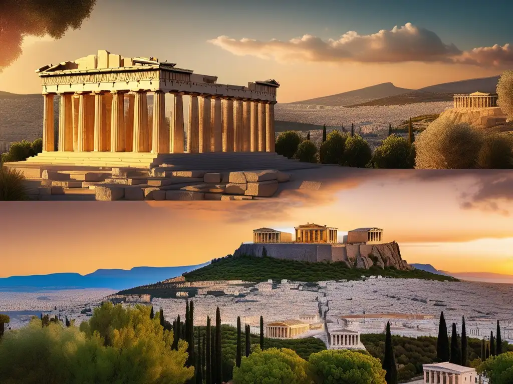 Influencia de los Juegos Píticos en la música: Antigua Grecia, Acropolis, Parthenon, olivos, flores, discusión intelectual