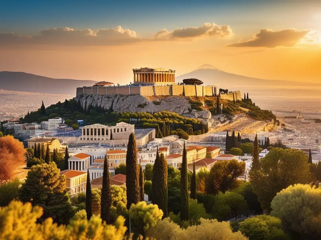 Vista impresionante de Atenas, con el Parthenon y festivales religiosos antiguos en Grecia