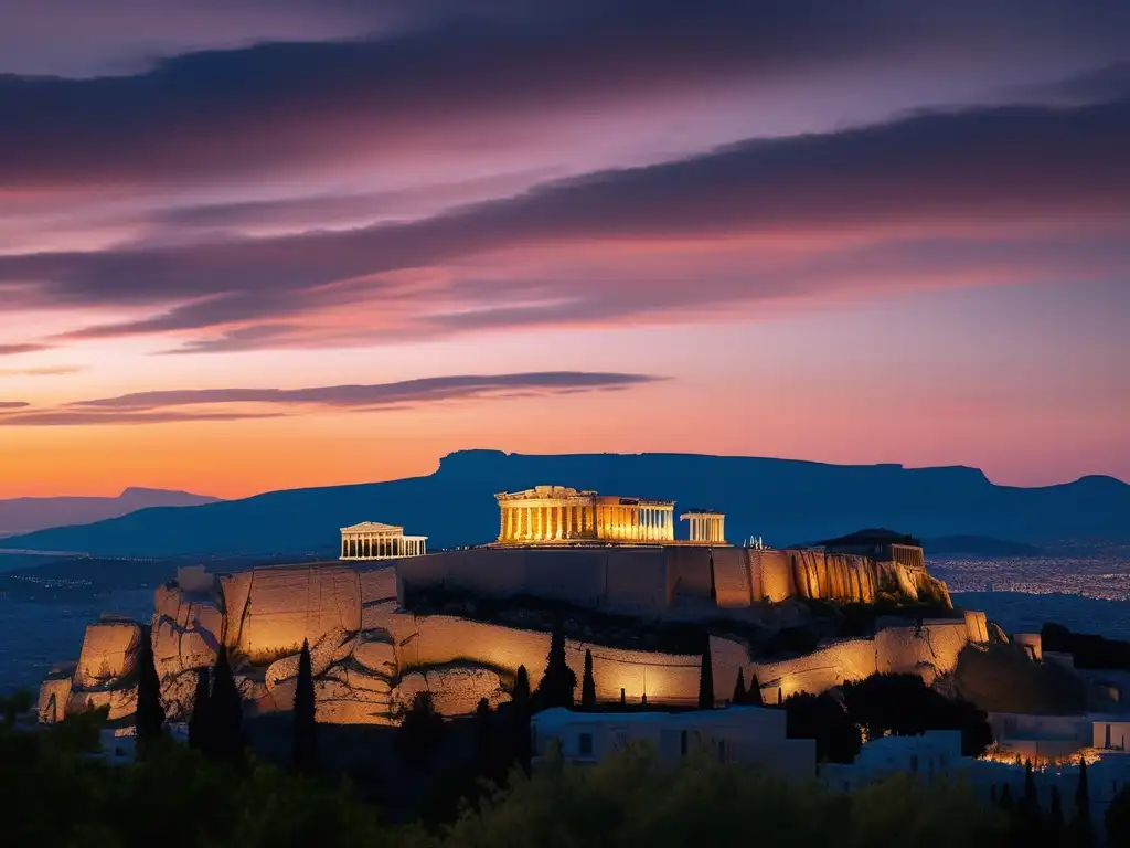 Importancia literatura menor Antigua Grecia: paisaje atardecer griego con Acropolis iluminada