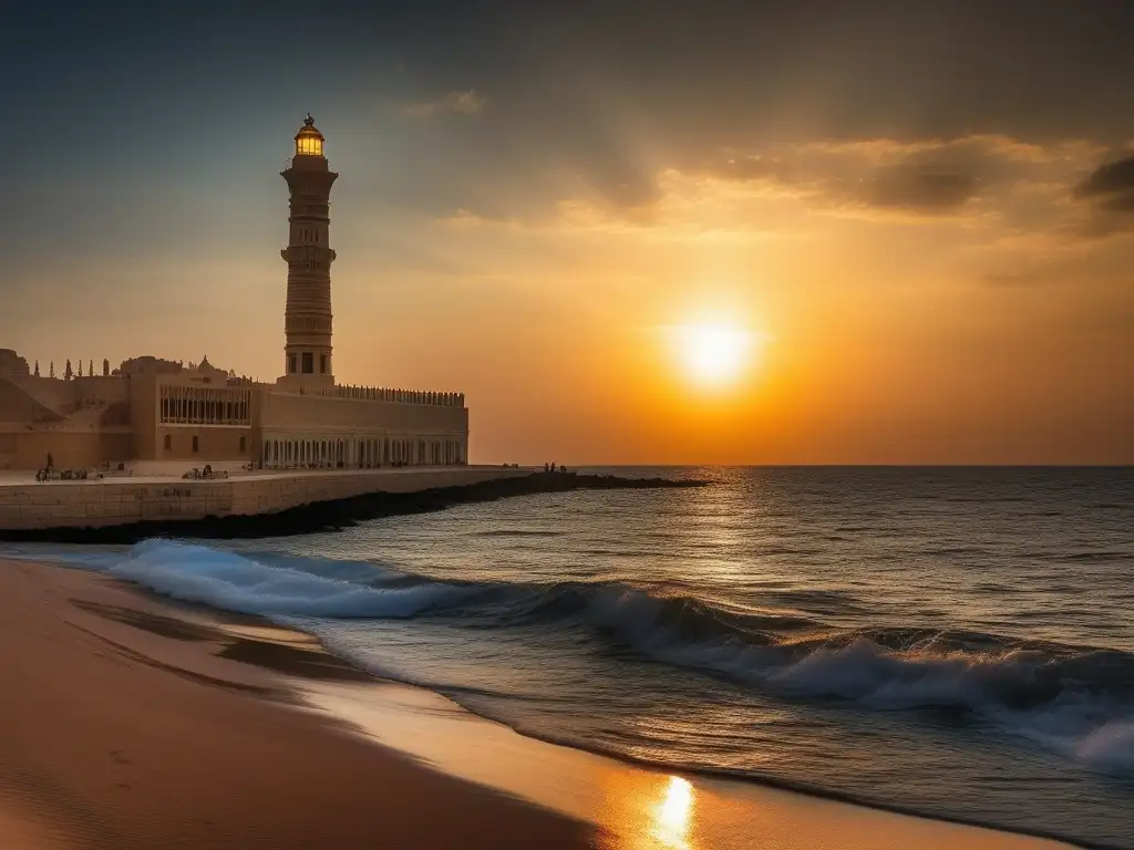 Paisaje de la antigua ciudad de Alejandría con el faro, la aguja de Cleopatra y expediciones griegas en Egipto