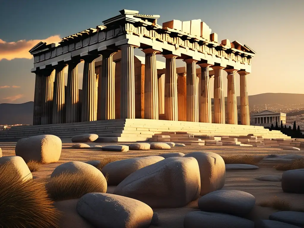 Fotorealista imagen minimalista de la antigua ciudad de Atenas al atardecer