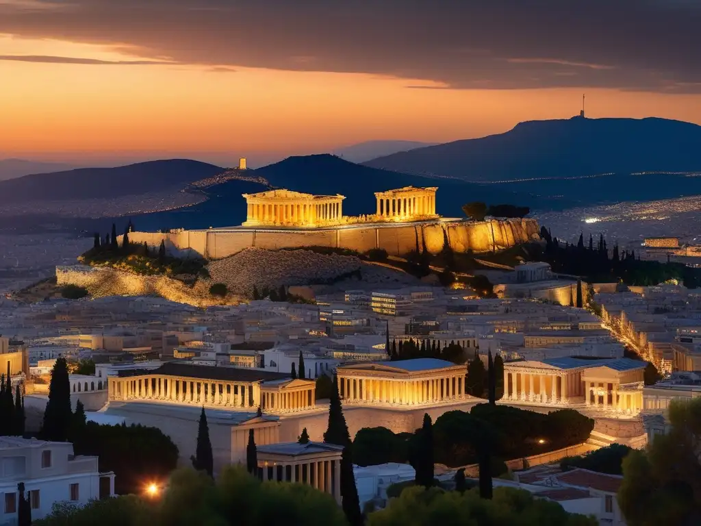 Influencia de Alejandro Magno en Grecia: panorama fotorealista de Atenas con el Partenón, ruinas históricas y la estatua de Alejandro