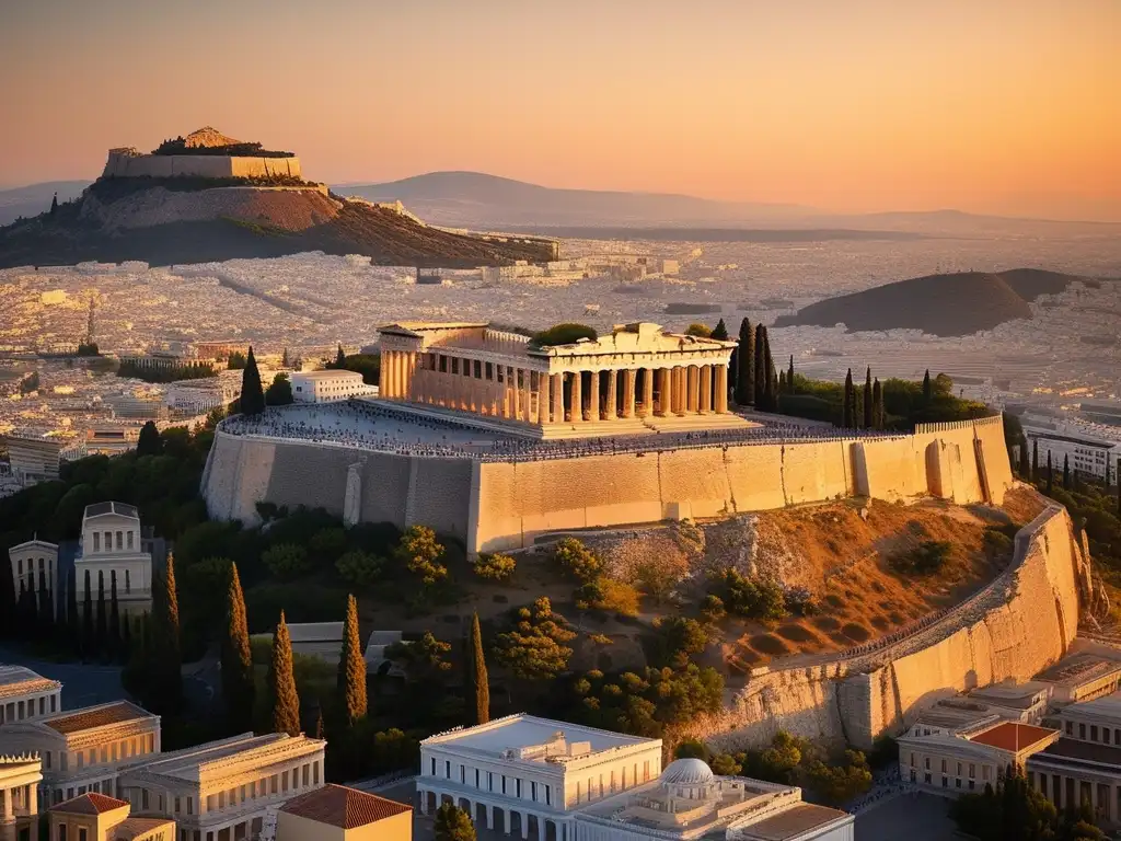 Vista aérea de Atenas al atardecer, con el poderoso Acropolis y su majestuoso Partenón