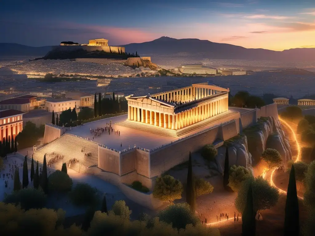 Fotorealista atardecer en la antigua Atenas con Acropolis, Parthenon y la educación de Alejandro Magno