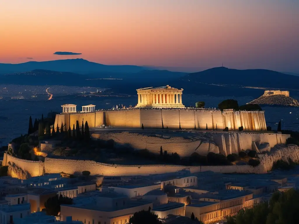 Imagen de la antigua ciudad de Atenas al anochecer, con el icónico Acropolis y el majestuoso Parthenon iluminado por una suave y cálida luz