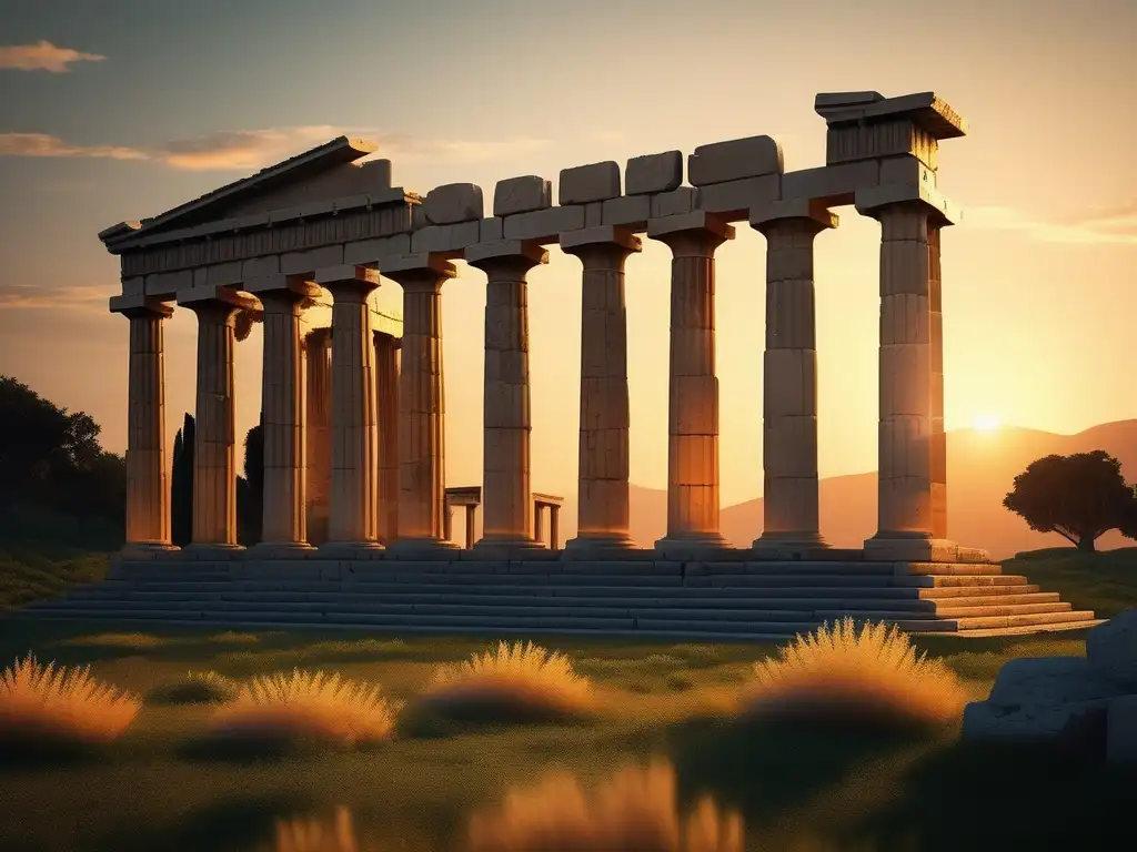 Transformación de la Antigua Grecia: Ruinas griegas al atardecer, con columnas de piedra y paisaje verde