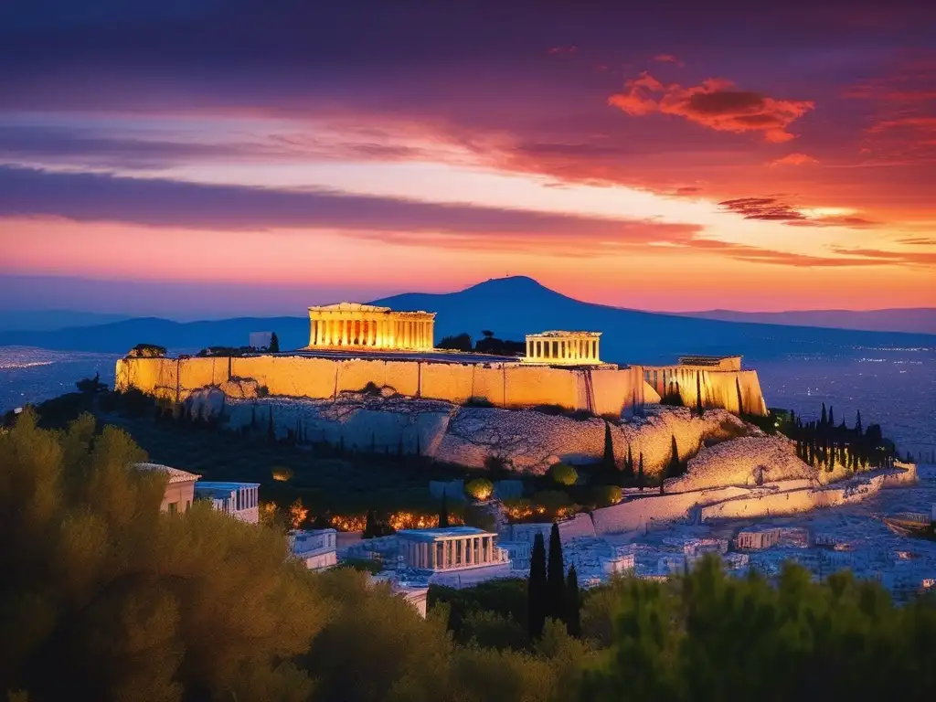 Hermoso atardecer sobre la antigua ciudad de Atenas, Grecia