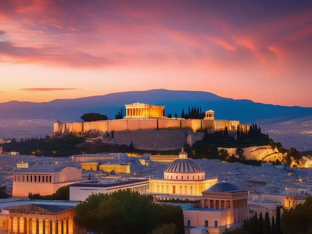 Vista panorámica de la antigua Atenas, Grecia, con la Acropolis al fondo y la diplomacia olímpica en Grecia antigua