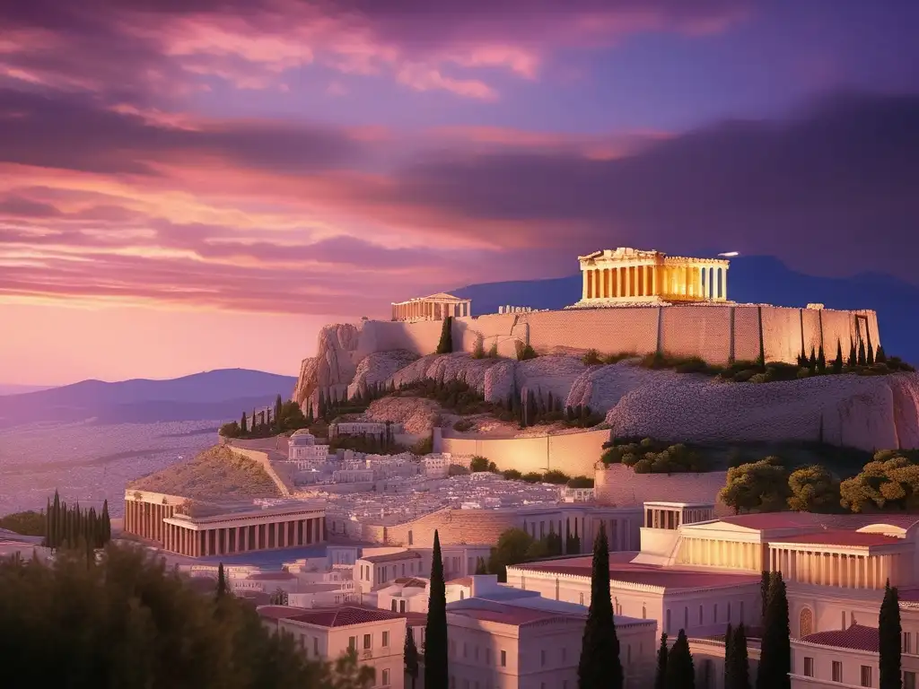 Influencia de Alejandro Magno en Grecia: Acropolis de Atenas en la época de esplendor, al atardecer