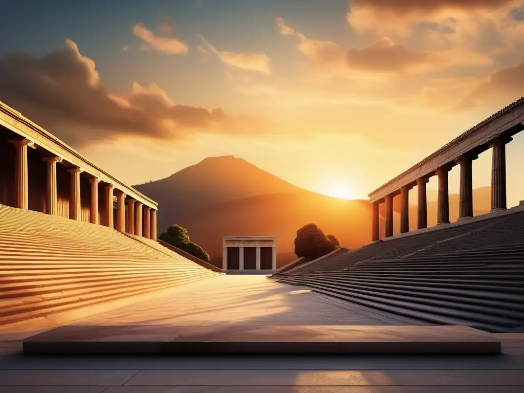 Historia de los Juegos Olímpicos en la Antigua Grecia: Atardecer épico sobre estadio antiguo, atletas saliendo, llama olímpica extinguiéndose