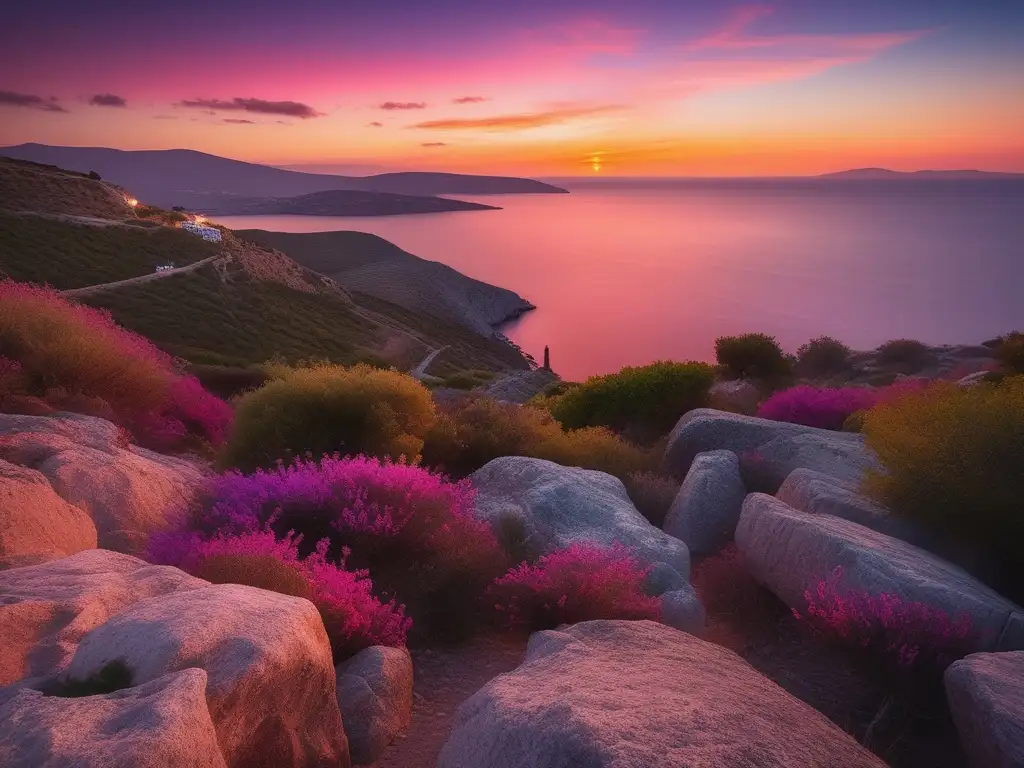 Influencia de Safo en la literatura griega: una imagen 8k de una serena puesta de sol en Lesbos, con Safo mirando al mar y templos griegos