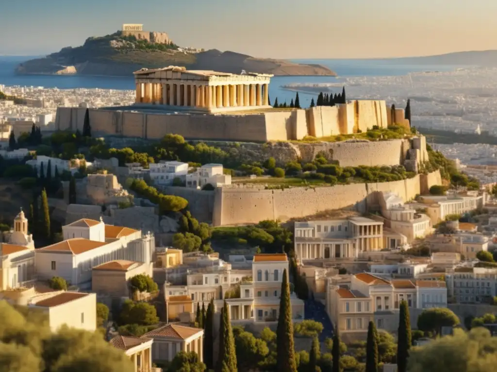 Vista panorámica de la antigua ciudad de Atenas, con el Parthenon y otros hitos arquitectónicos