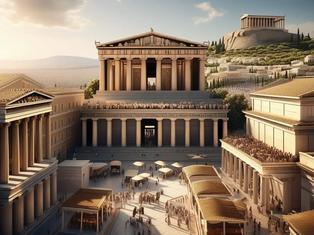 Escena detallada de la antigua Grecia: Atenas, Acropolis, mercado y arquitectura histórica