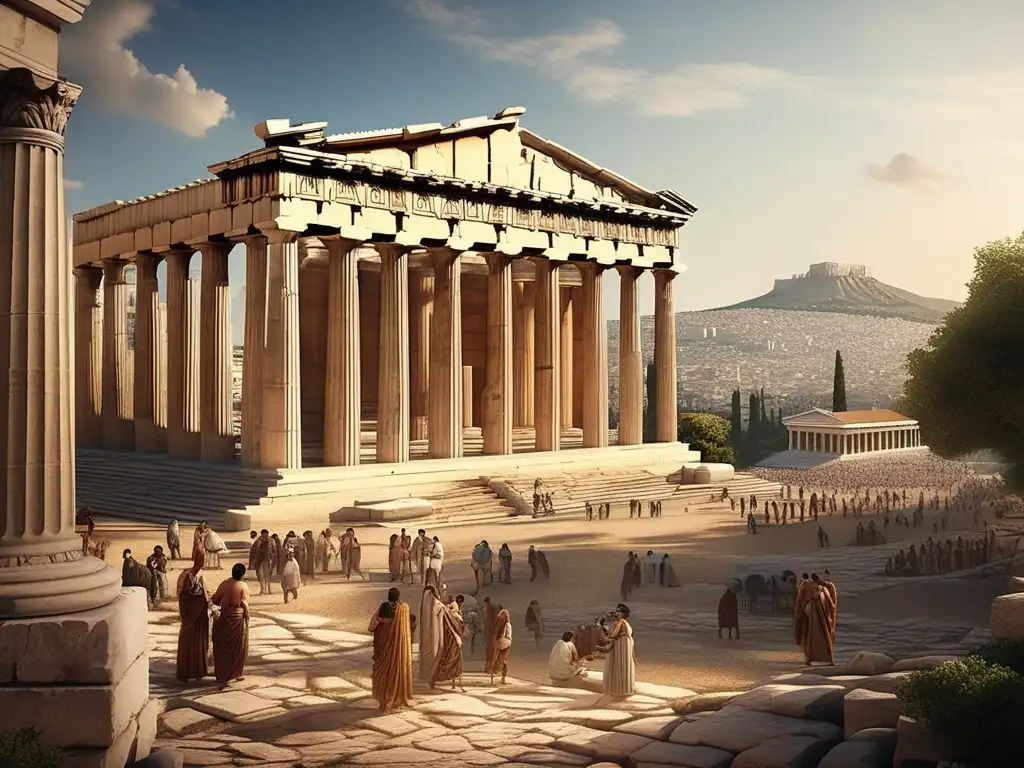 Escena serena en Atenas antigua: Acropolis, Parthenon, agora con comerciantes y filósofos