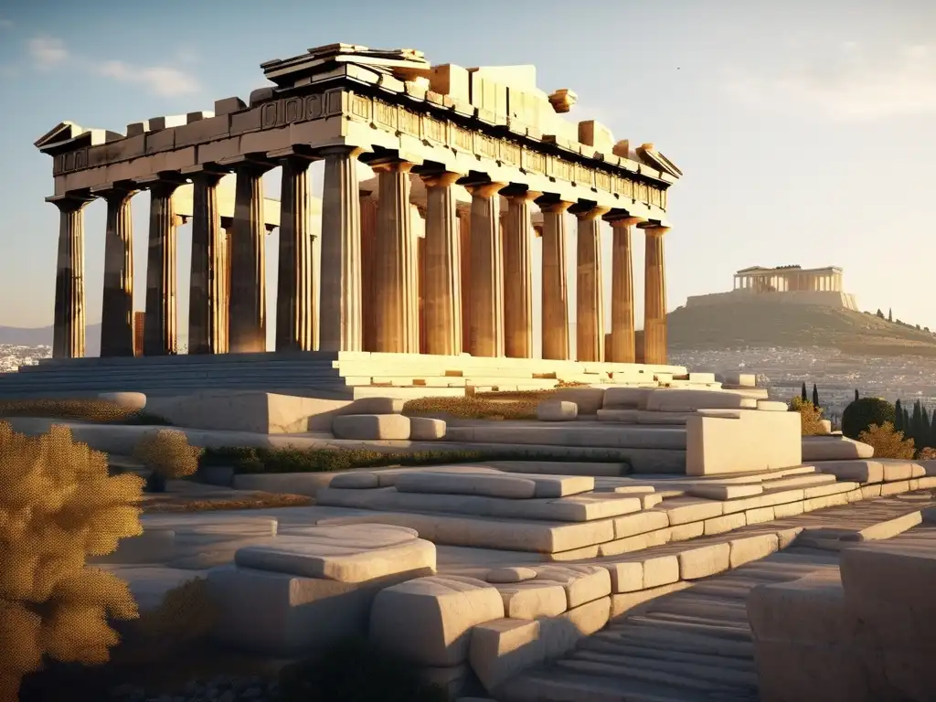 Influencia dioses Guerras Médicas: Acropolis dorada, Parthenon icónico, paisaje verde, mar Egeo, gloria Grecia