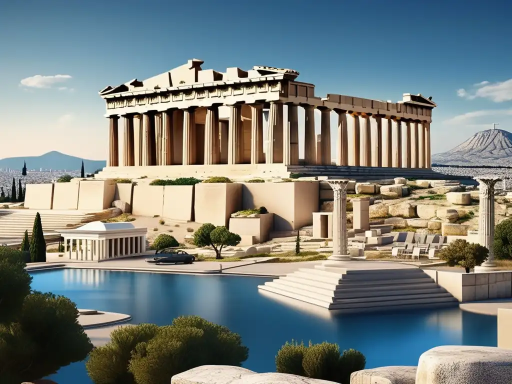 Legado de Dracón en Grecia: vista panorámica de Atenas, con el Acropolis y sus templos icónicos destacando en el cielo azul