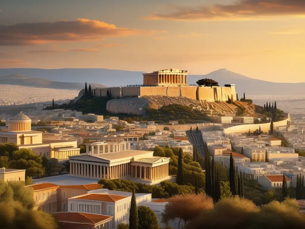 Fotorealista imagen de la antigua Atenas con el Parthenon, resaltando la importancia de los biólogos griegos