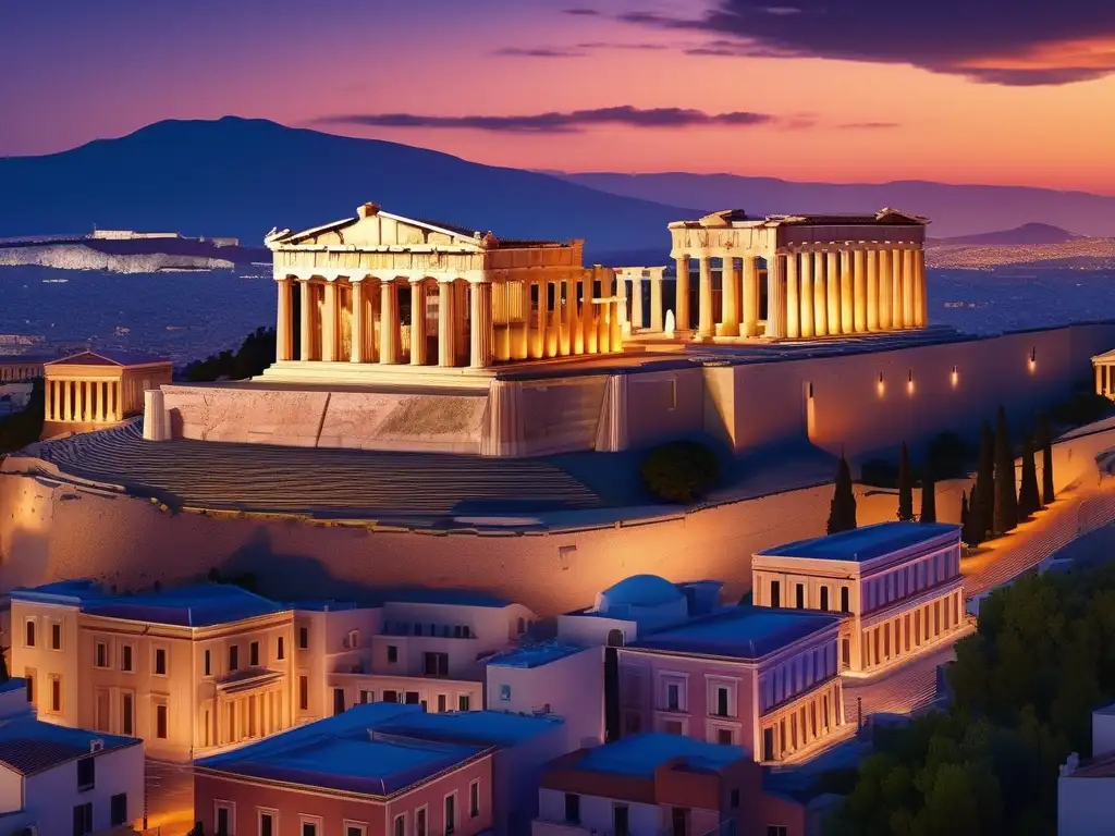 Influencia de la Antigua Grecia en medicina moderna: Atenas al atardecer, con la majestuosa Acrópolis y el imponente Partenón en primer plano