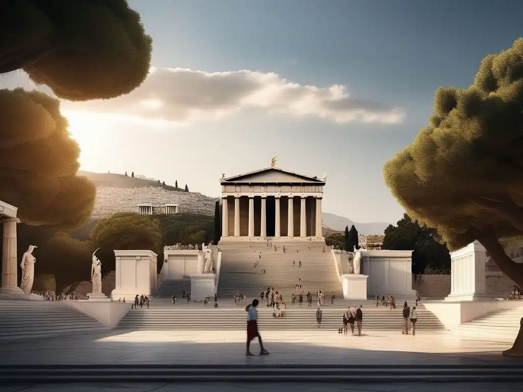 Influencia de la Antigua Grecia en la democracia y cultura: estatua de Athena, Agora bulliciosa y el icónico Parthenon