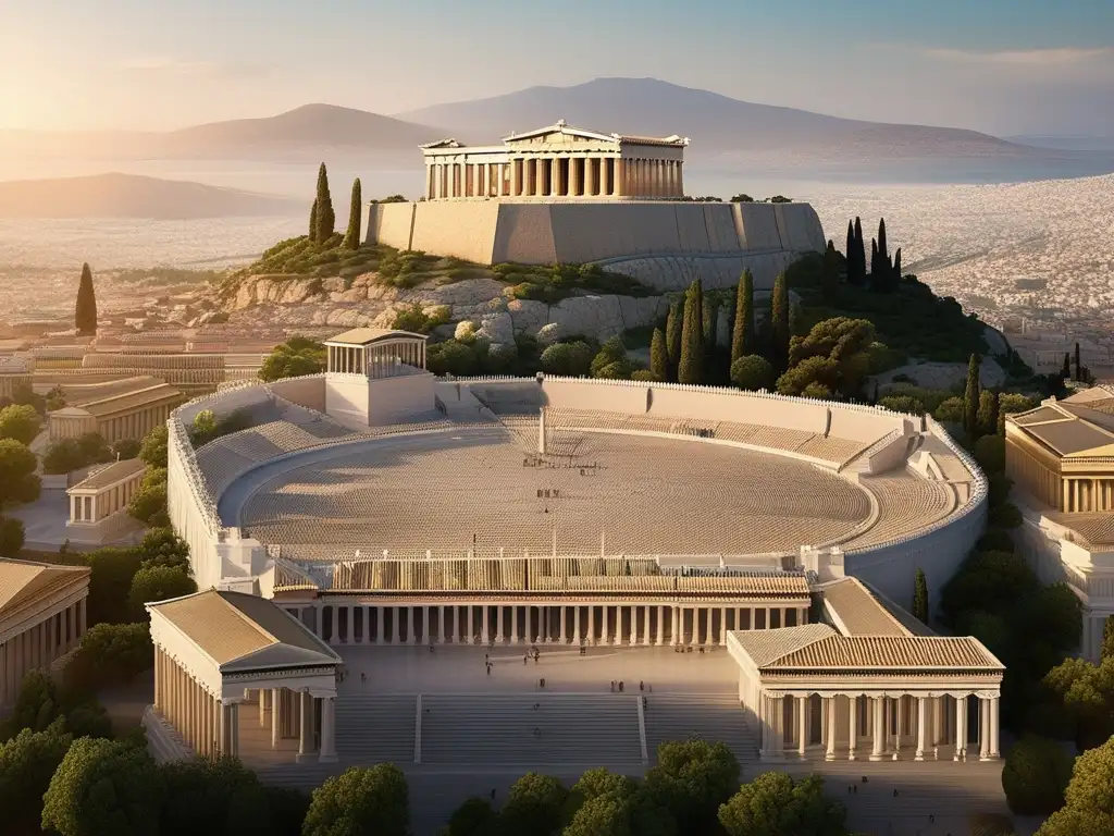 Paisaje de la antigua Atenas durante la Guerra del Peloponeso: Agora, Parthenon, ciudadanos y mar