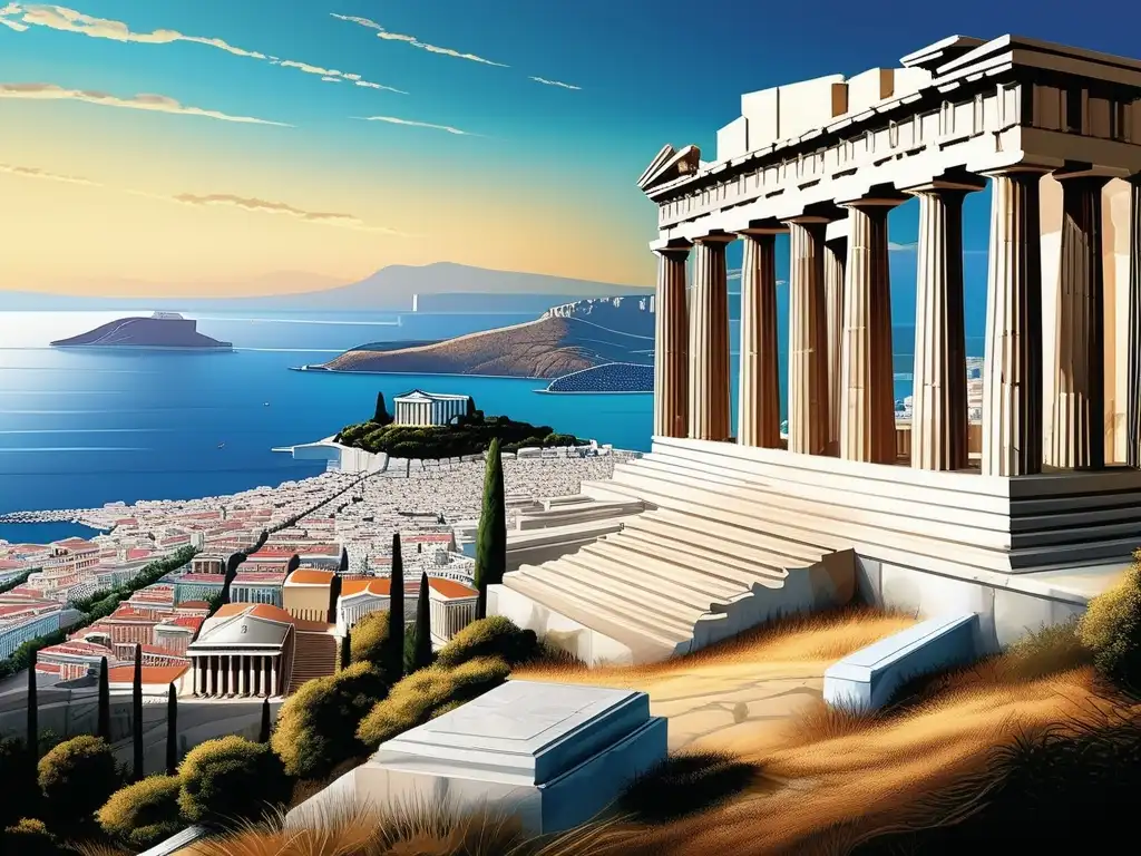 Vista panorámica de Atenas: Geógrafos griegos antiguos explorando (110 caracteres)