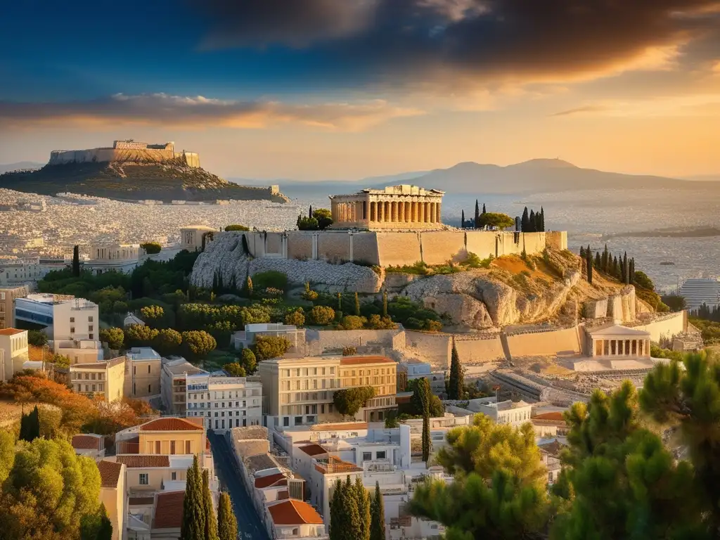 Vista panorámica de la antigua ciudad de Atenas con el imponente Parthenon y la importancia de Pericles en la democracia ateniense