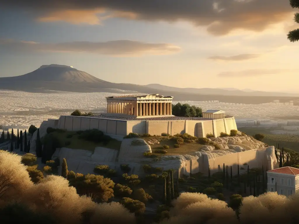 Influencia de Atenas de Pericles en Occidente: imagen fotorealista muestra el Parthenon, la ciudad y la figura de Pericles