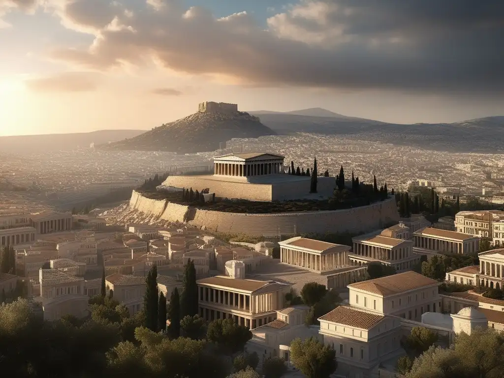 Atenas durante epidemia mortal en la Antigua Grecia: Desolación y sufrimiento en la ciudad, Parthenon y Templo de Athena en fondo