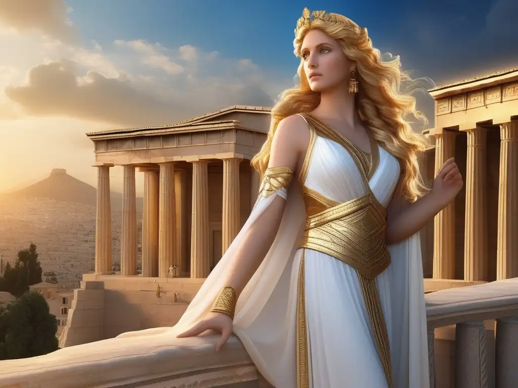 Atenea, diosa griega de la sabiduría y estrategia militar, en majestuosa imagen con arquitectura griega - Importancia de Atenea en la Antigua Grecia