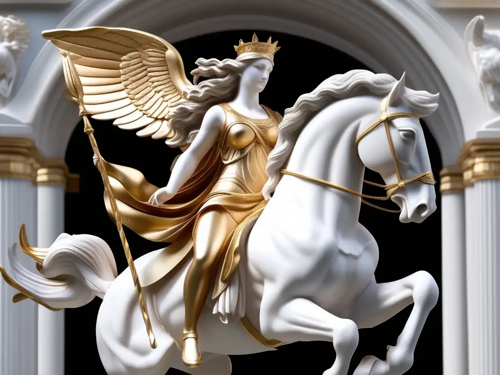 Historia mitológica de los caballos griegos: Escultura de mármol de la diosa Atenea montando un Pegaso blanco, representando elegancia y fuerza